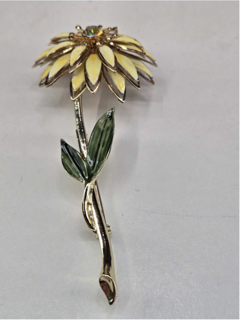Vintage Coro Gold-Tone Cream Flower Brooch Rhinestone Large Collectible Daisy - Picture 9 of 13
